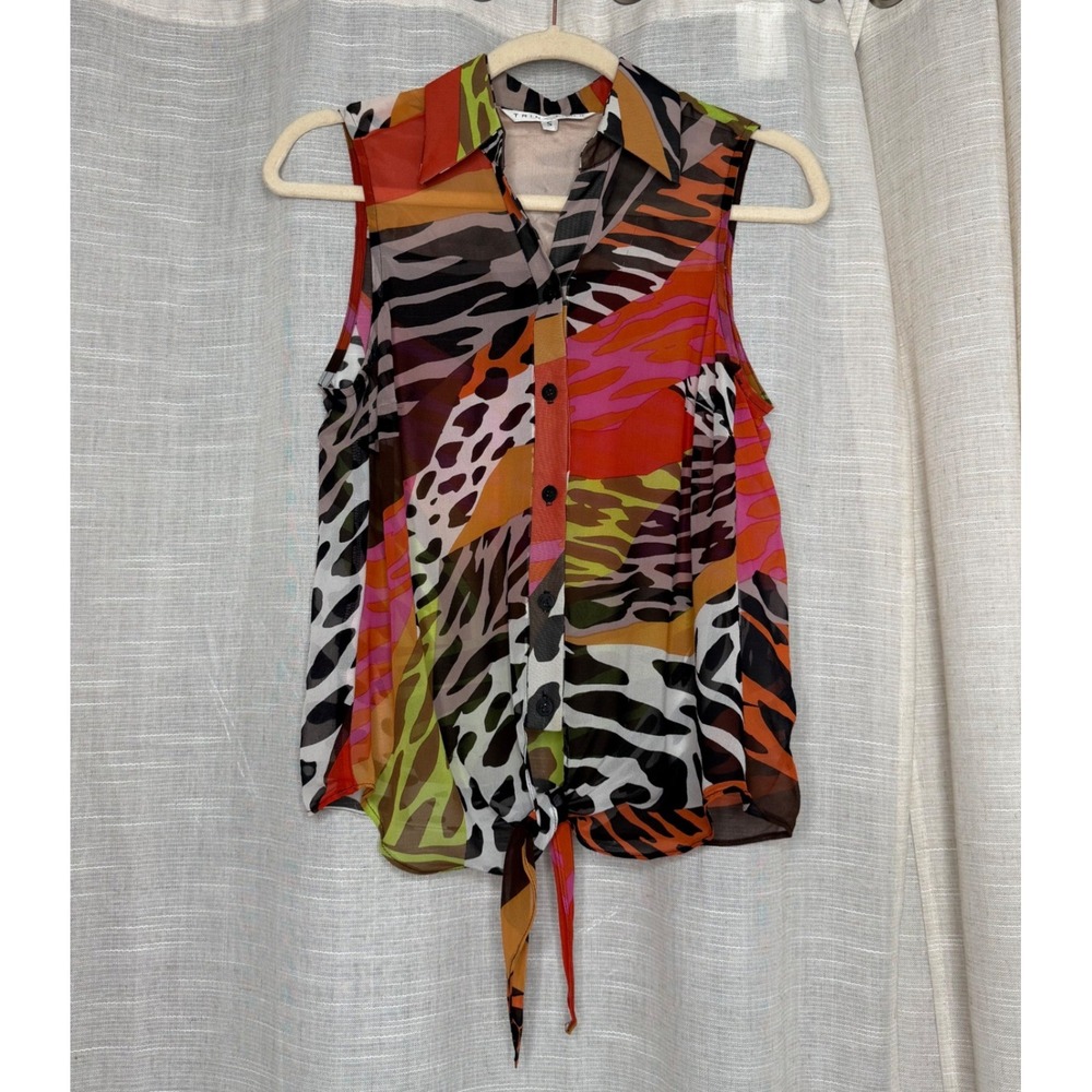 Trina Turk 100% Silk Blouse Animal Print Tie Button Front Sheer Sleeveless SMALL